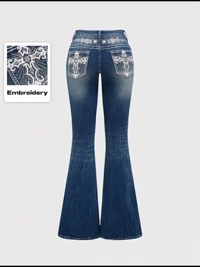 Embroidered Dark Blue Flare Jeans for Women